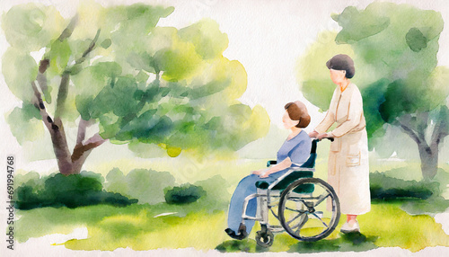 緑あふれる公園にておばあさんと介護士の散歩の水彩 photo