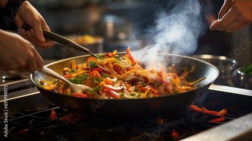 Chef is stirring vegetables in wok,