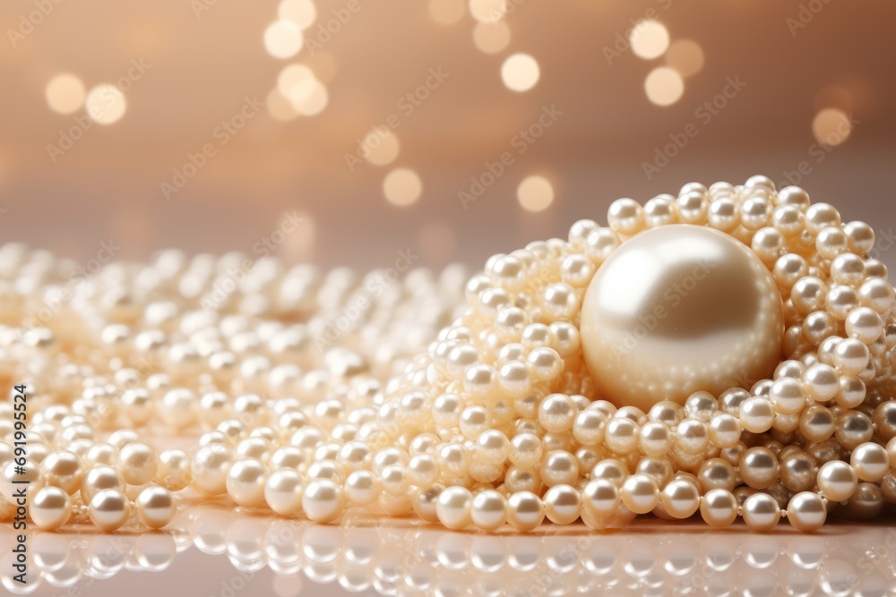  a close up of a pearl necklace on a white surface with a boke of white lights in the background.