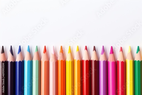  a row of colored pencils sitting next to each other on top of a white surface with a white background.