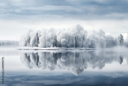  a large body of water with trees in the foreground and a cloudy sky in the background with a few clouds in the sky.