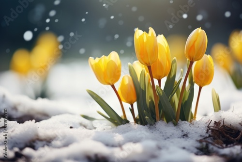  a bunch of yellow tulips are growing out of the snow on a sunny day with snow falling on them. © Shanti