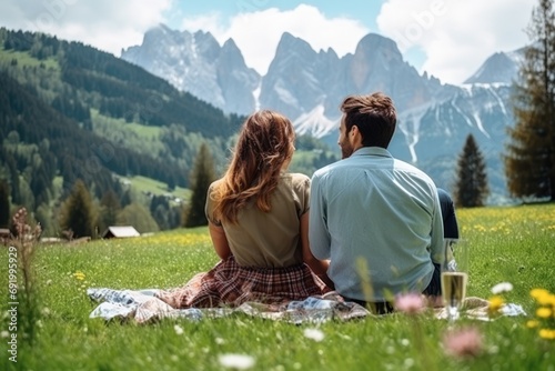 a man and a woman are sitting on a blanket in the grass in front of a mountain range with flowers.