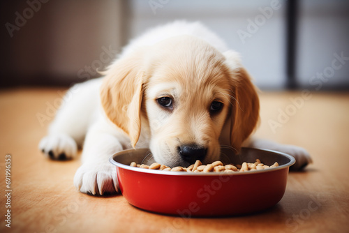 Golden Retriever Puppy Eating Food in Red Bowl photo