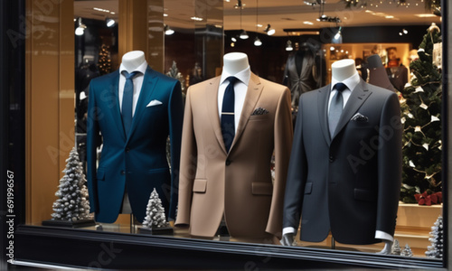 Christmas display in a men clothing store. Window of the store. Mannequins in men's classic suits on a store window