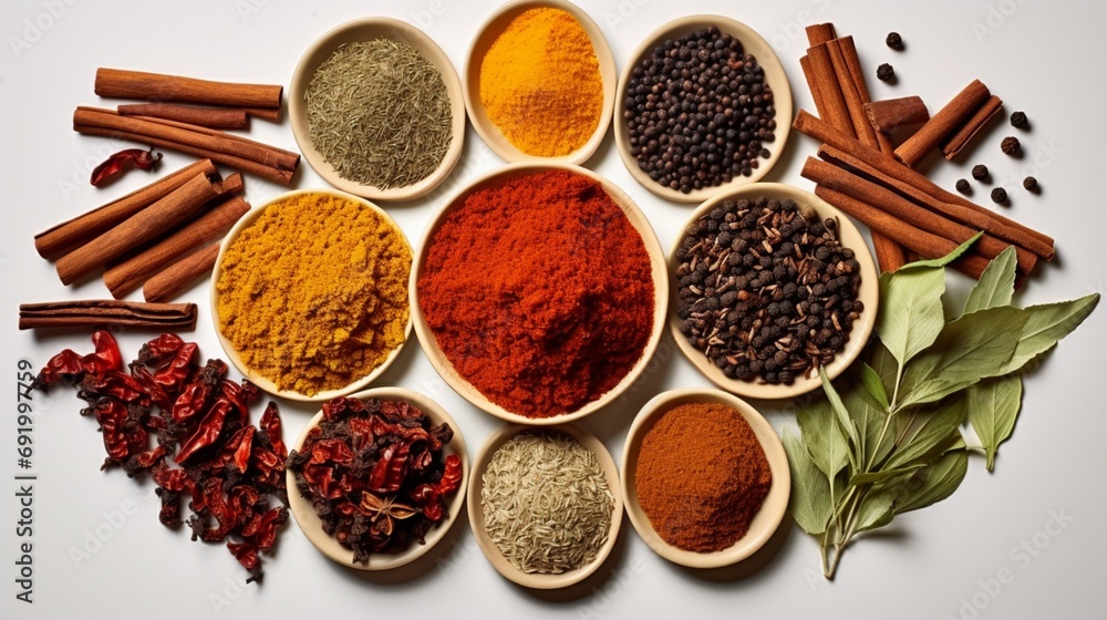 a captivating composition of spices, their rich colors contrasting beautifully with the immaculate white background, creating a visually enticing scene.