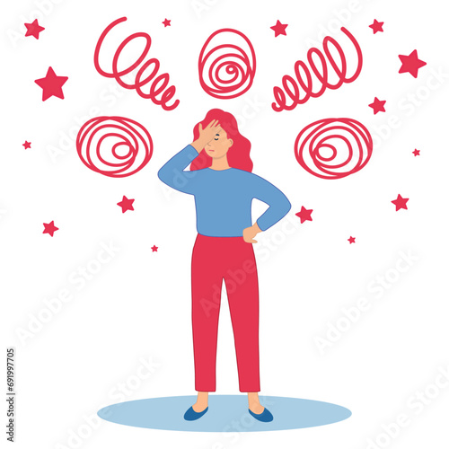 The sick person suffers from dizziness, confusion, dizziness and headache. Flat vector illustration for stress, disease symptoms, migraine, hangover