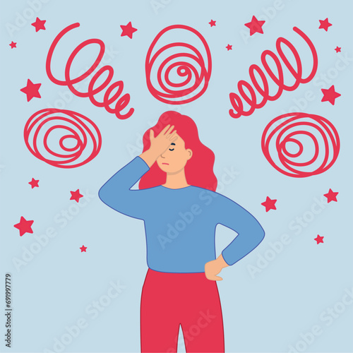 The sick person suffers from dizziness, confusion, dizziness and headache. Flat vector illustration for stress, disease symptoms, migraine, hangover