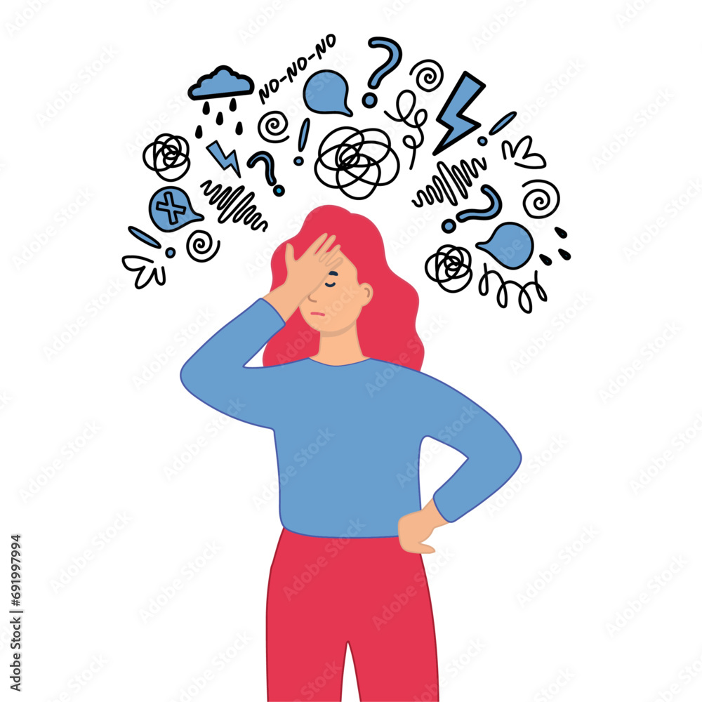 Facepalm. The woman covered her head with her hand from fatigue and negativity. A lot of emotions, thoughts, messages. The concept of mental health.