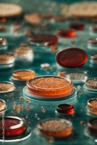 Abstract background with petri dishes with various microorganisms on a blue background.