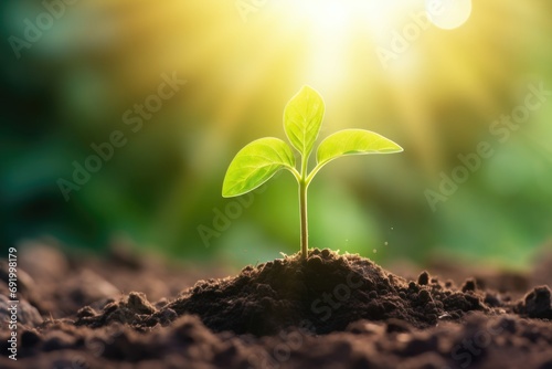 Young plant growing in garden with sunlight on nature background. Arbor Day