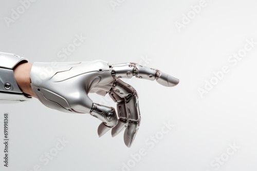 Cyborg robotic arm, metal bionic prosthesis, isolated on a white background