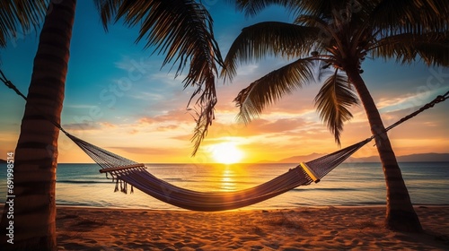 Beautiful silhouette of hammock on palm trees on tropical beach paradise at sunset. Carefree freedom concept, summer nature, exotic shore coast. Tranquil travel landscape. Enjoy life, positive energy