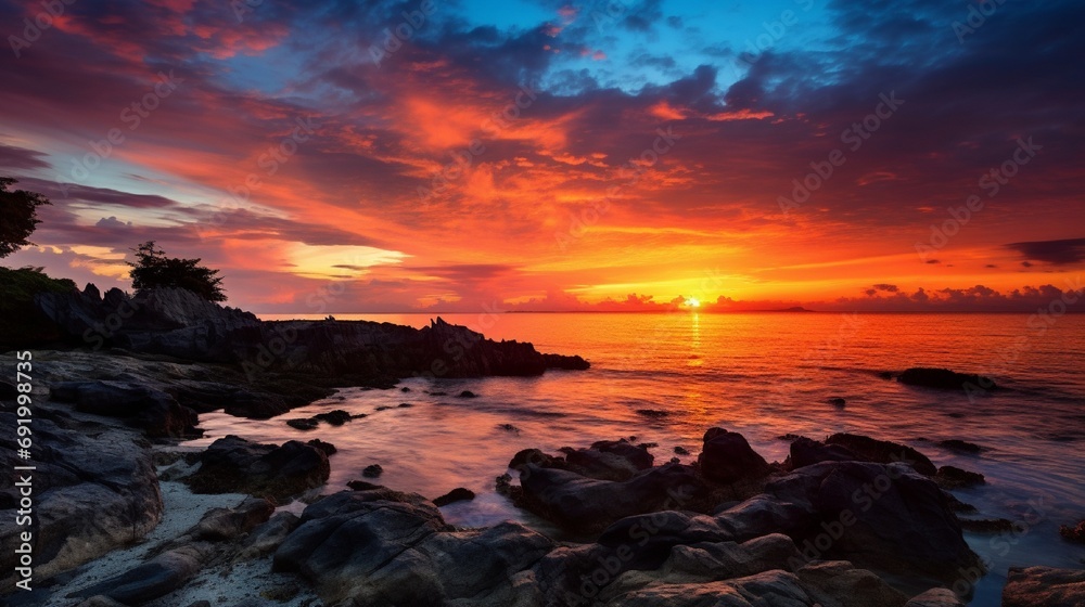 Beautiful sunrise between the beach rocks Beautiful sunrise between the beach rocks
