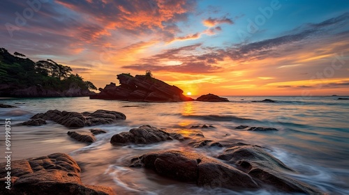 Beautiful sunrise between the beach rocks 