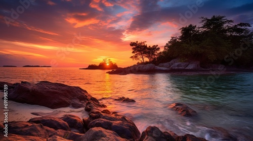 Beautiful sunrise between the beach rocks 