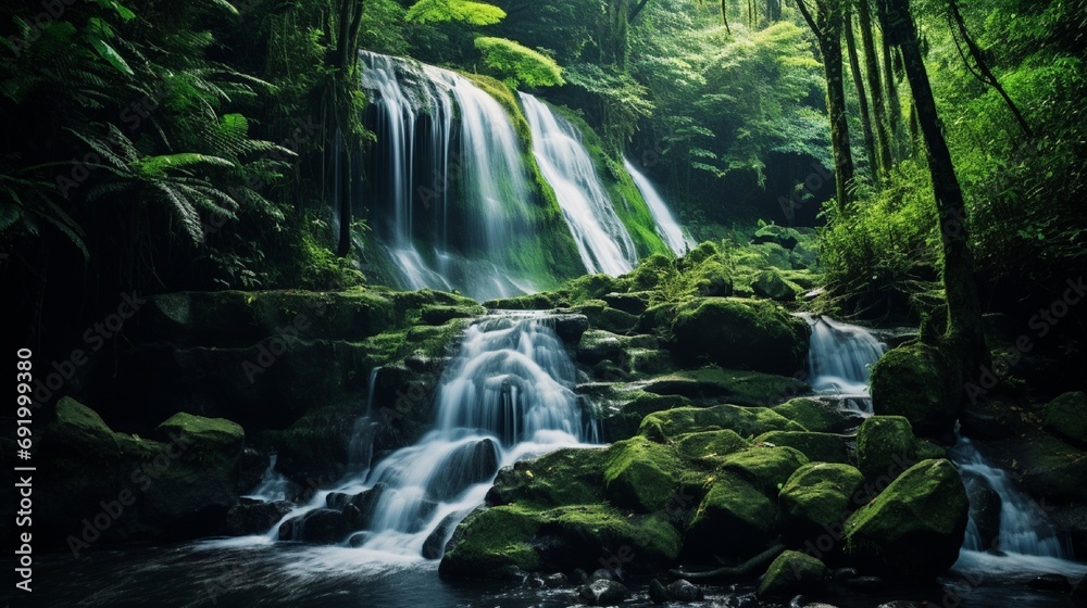 beautiful waterfall in green forest in jungle 