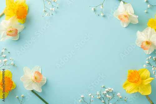 A delightful spring scene of blooming daffodils and gypsophila. From above  white and yellow flowers on a soothing pastel blue background  providing copy space for text or promotional use