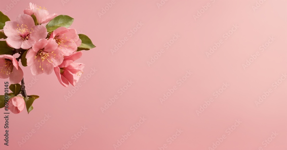 Fresh quince blossom on light pink background for romantic banner design. Large copy space