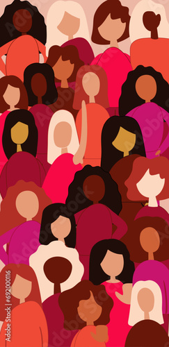 Silhouettes of crowd of people for cell International Women’s Day Banner. Multiracial Group of Women. Social protest. Activists picket. Vector Cell mobile format.