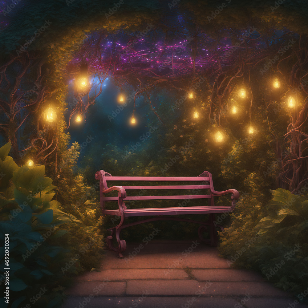 Bench in a garden with fairy lights in the evening. Romantic dreamy evening scene
