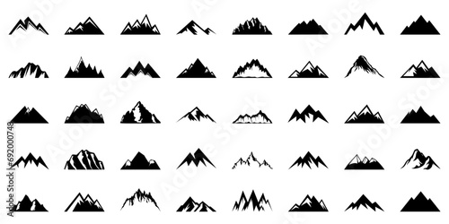 Black mountain icon collection. Set of black mountain logo. Adventure, camping, hiking logo collection