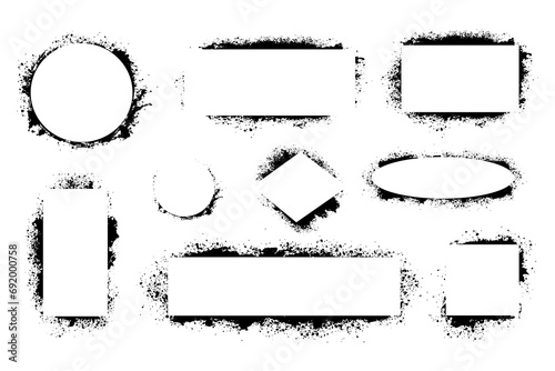 Black spray stencil frame collection. Graffiti texture frame. Grunge sprayed texture painted borders, abstract paint splatter geometric shapes