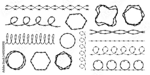 Wire fence element collection. Barbed wire metallic border elements. Prison line war barb background metal silhouette