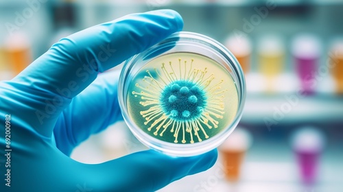 A person holds a petri dish holding bacteria inside of it, Biology, science, medicine. Microbiological diagnostics. Generative AI 
