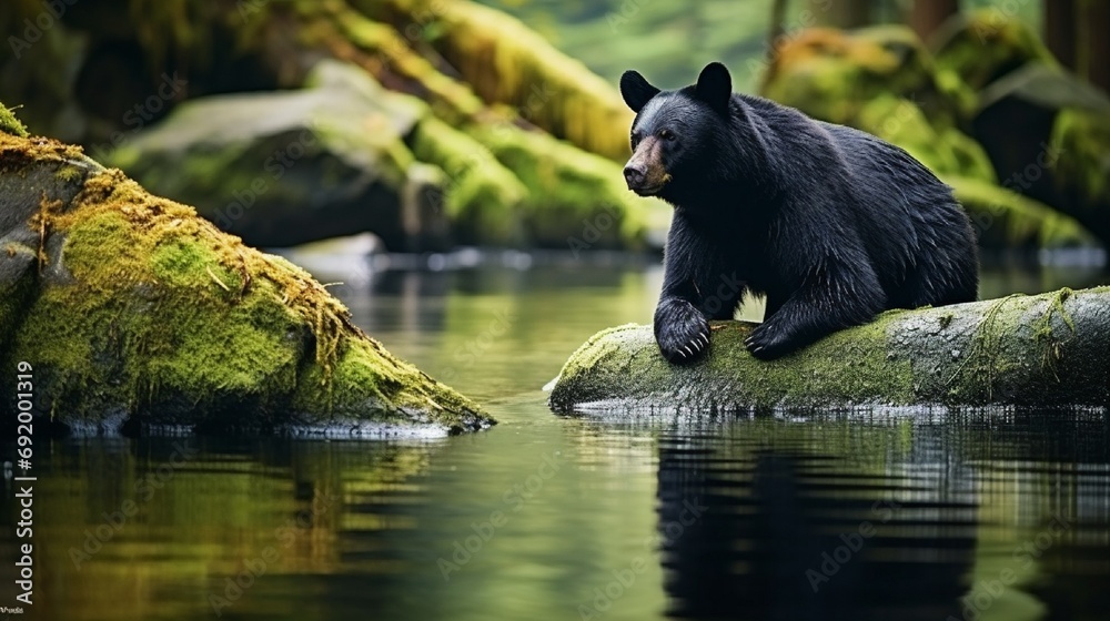 Black bear (Ursus americanus) fishing in the Great Bear Rainforest