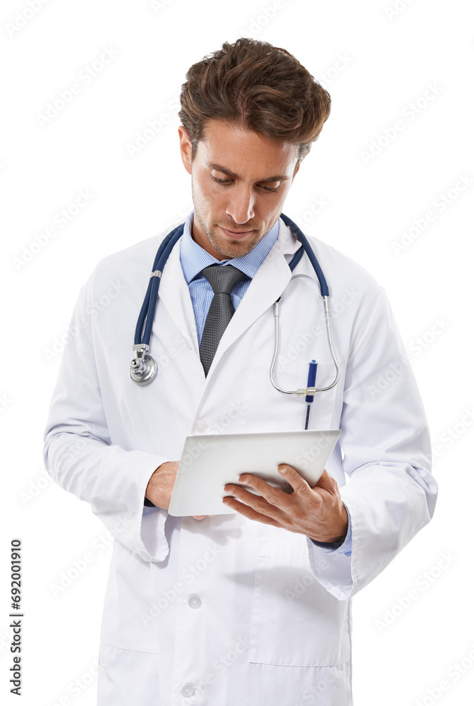 Man, doctor and tablet in studio for healthcare research, online planning or telehealth schedule. Professional medical worker typing, scroll or reading for digital tech for email on white background Man, doctor and tablet in studio for healthcare research, online planning or telehealth schedule. Professional medical worker typing, scroll or reading for digital tech for email on white background