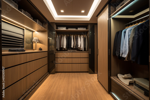 Walk in closet with luxury warm wooden wardrobe and drawer storage decorated with beautiful lighting  modern and minimal style walk in wardrobe and dressing room interior design.