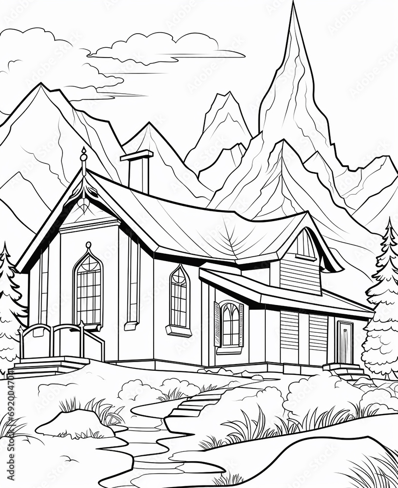 coloring page for kids, Bavarian Alps, Germany, cartoon style, thick line, low detail