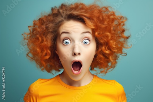 surprised curly-haired girl on solid bright background