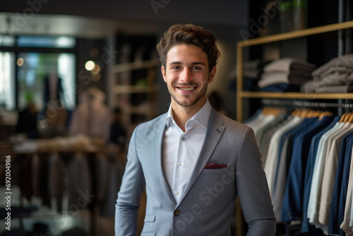 Smiling man in a clothing store. Embodies casual business style concept.