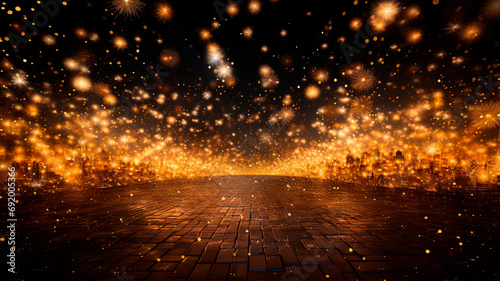 Una escena espectacular y festiva que capta la emoción de una celebración de Año Nuevo. La fotografía presenta un fondo de fuegos artificiales dorados, que crean un deslumbrante despliegue de luces  photo