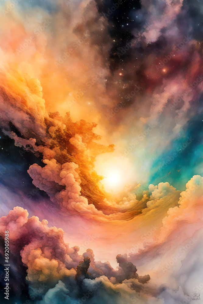 Colorful Sunset. Fantasy and Surreal Heaven background. Cloudy vibrant background. Celestial Sky. 