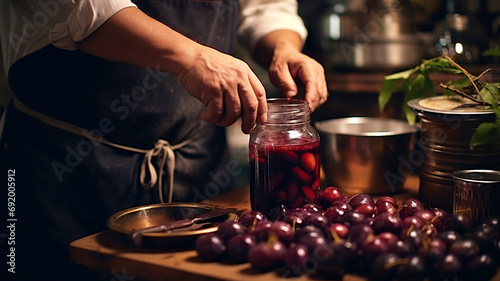 Fruit canning. Man prepares fruits and makes homemade jam and compotes for family holidays. Fruit jam made from plums and prunes. Home conservation concept. photo