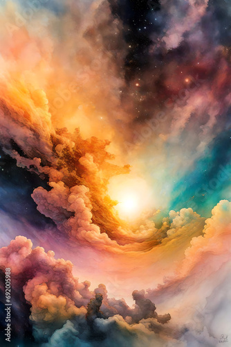 Colorful Sunset. Fantasy and Surreal Heaven background. Cloudy vibrant background. Celestial Sky. 