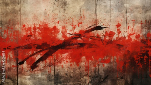 Water color painting with blood spots on dark wall background, splashes of Japanese ninja warriors.
