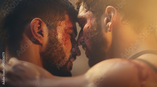 A close-up shot of two wrestlers in a clinch, with sweat and tension visible on their faces. photo