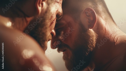 A close-up shot of two wrestlers in a clinch, with sweat and tension visible on their faces.