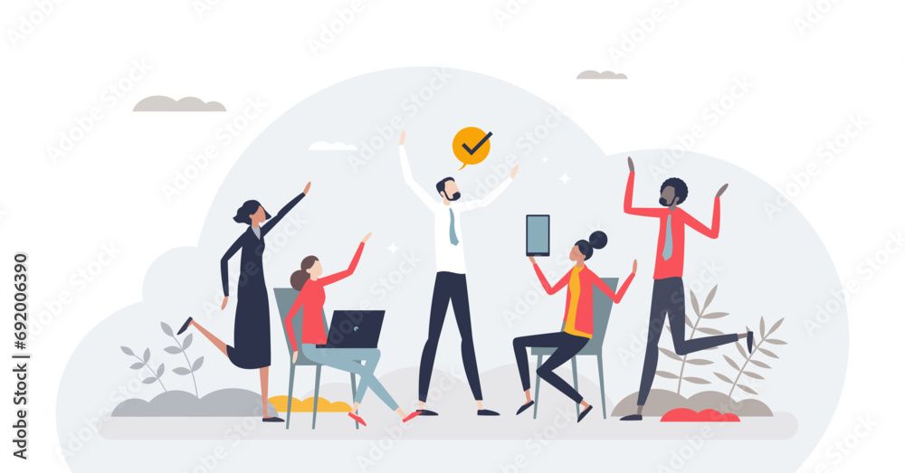 Employee engagement or motivation for effective work tiny person concept, transparent background. Motivational leader speech for inspiration and satisfaction boost illustration. Employee engagement or motivation for effective work tiny person concept, transparent background. Motivational leader speech for inspiration and satisfaction boost illustration.