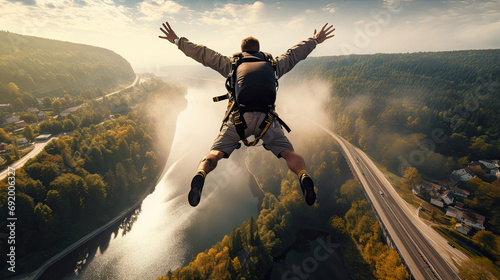An extreme sportsman jumps with a parachute from a bridge over the river. photo
