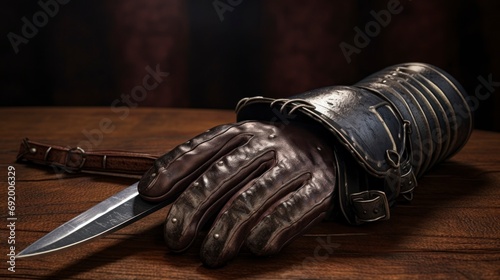 Glove and Dagger on Wooden Table