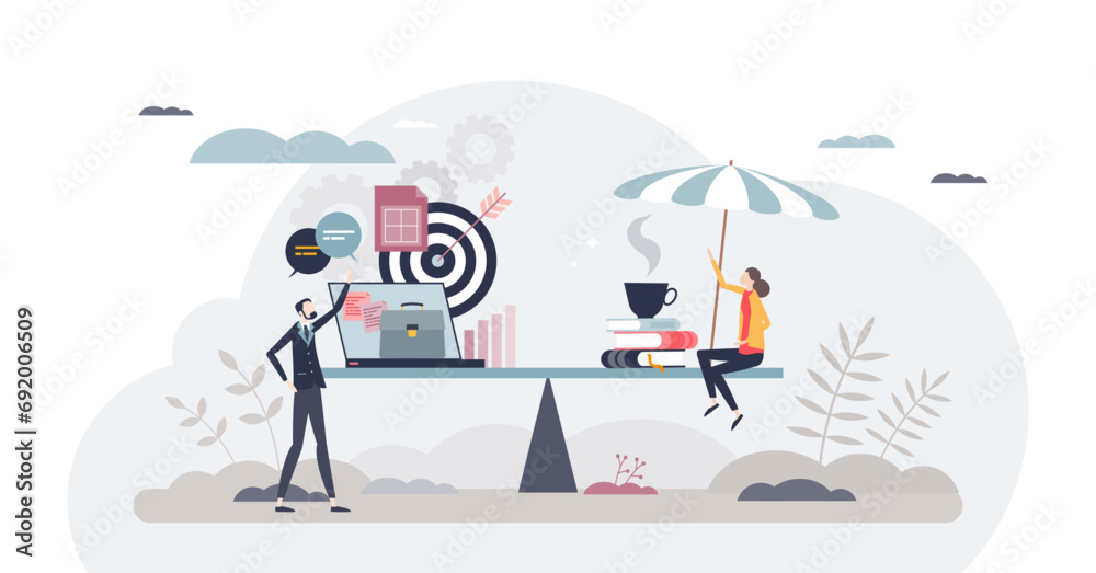 Work life balance for Gen Z with work and leisure harmony tiny person concept, transparent background. Weights with professional business career objectives or personal life and wellness illustration.