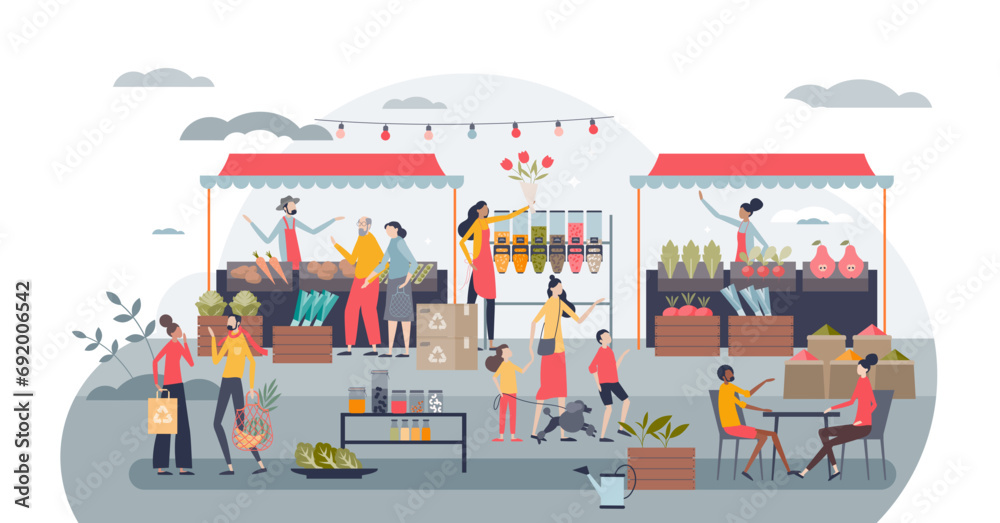 Community care marketplace as local market for all society tiny person concept, transparent background. Local food store with volunteers and farmers illustration. - obrazy, fototapety, plakaty 