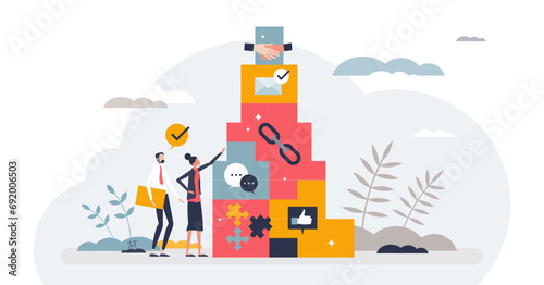 Building blocks of effective communication in business tiny person concept, transparent background. Professional marketing strategy and company interaction with target customers.