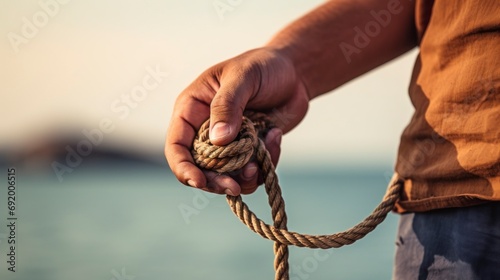 Sailor Holding a Rope Against the Sea