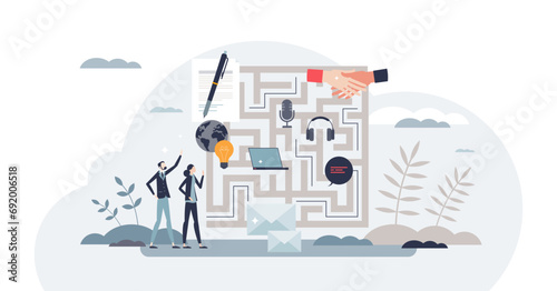 Challenges and complexities of business communication tiny person concept, transparent background. Agreement or deal closure process with customer discussion maze illustration.